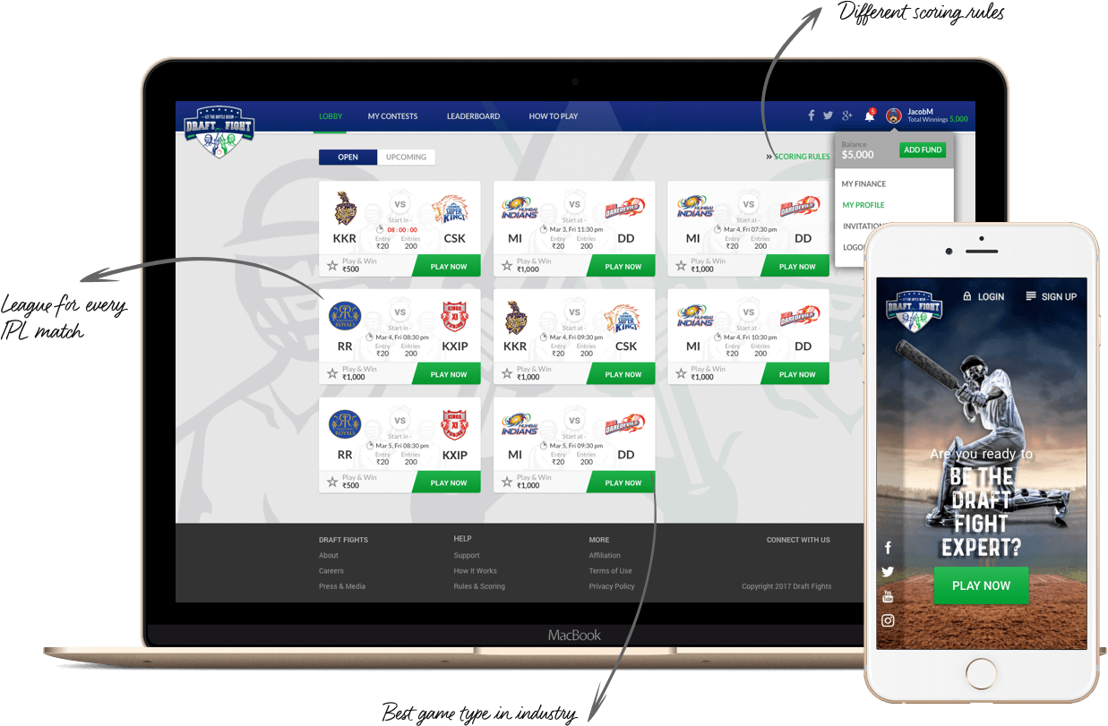 Daily fantasy sports software for cricket league IPL by Vinfotech