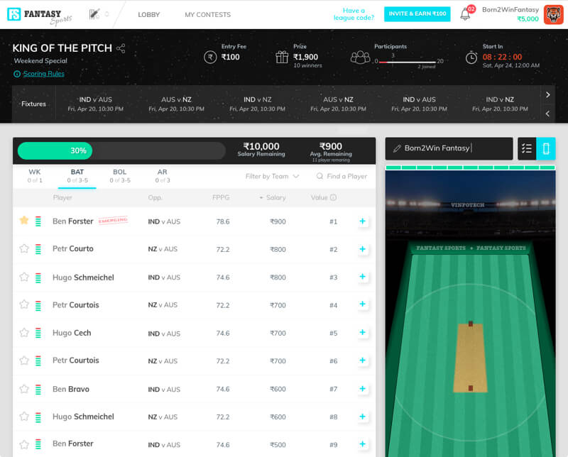fantasy sports software with easy lineup creation by Vinfotech