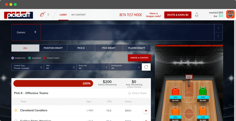 Pickdraft DFS website for NFL, NBA & MLB by vinfotech